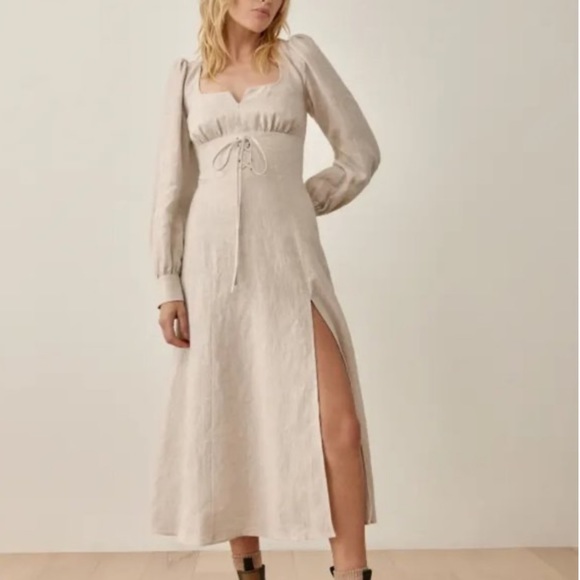 Reformation Anton Linen Dress in Oatmeal Midi Dress Slit Cut Out Neckline - Picture 3 of 7